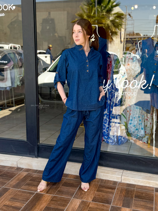 JS-48 CONJUNTO MEZCLILLA SUAVIZADA PANTALON Y BLUSA 3/4