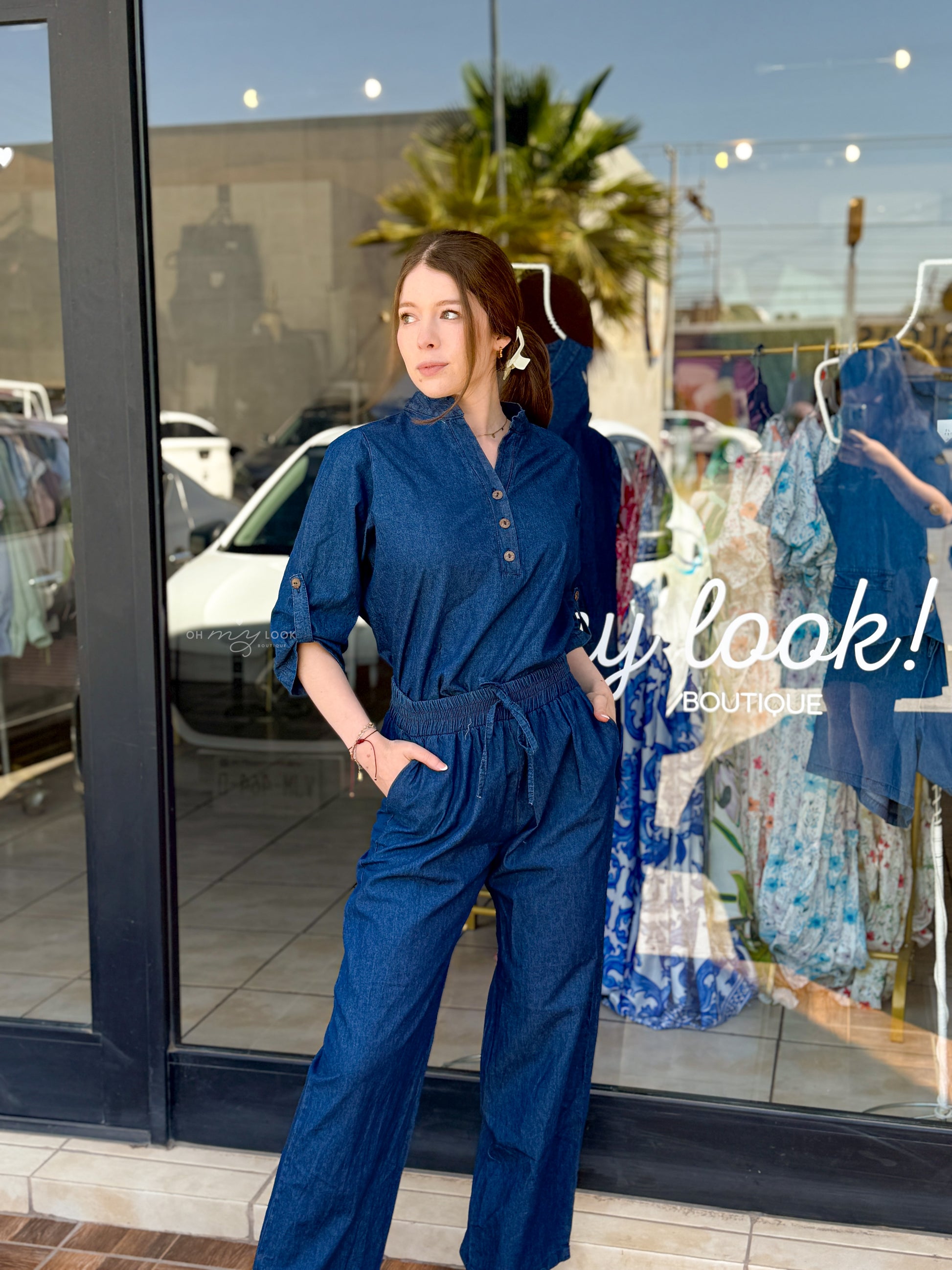 JS-48 CONJUNTO MEZCLILLA SUAVIZADA PANTALON Y BLUSA 3/4
